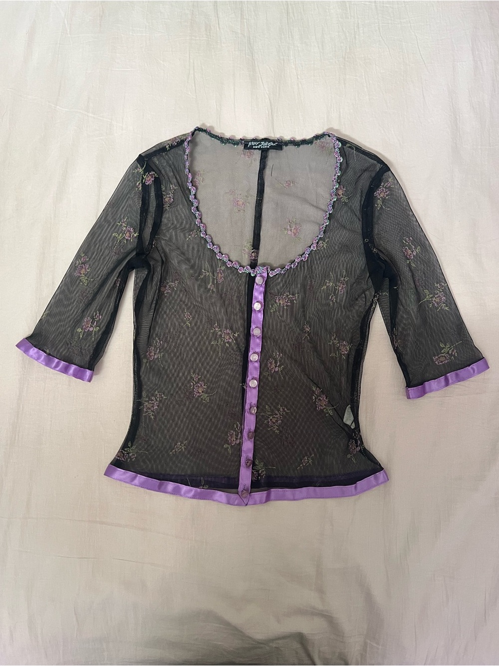 Vintage Betsey Johnson Black Sheer Mesh Button-Front Top with Purple Trim